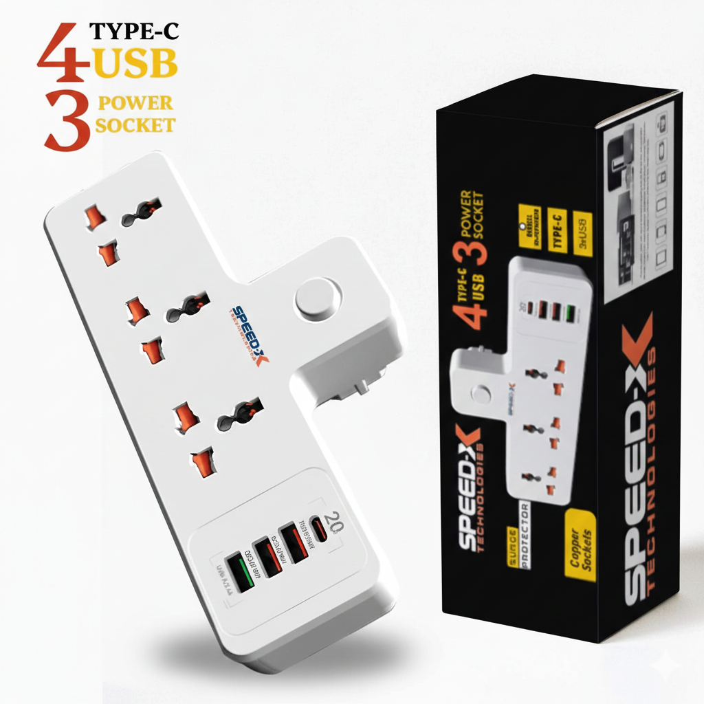 Portable Power Strip 3 Sockets + 3 USB + 1 Type-C