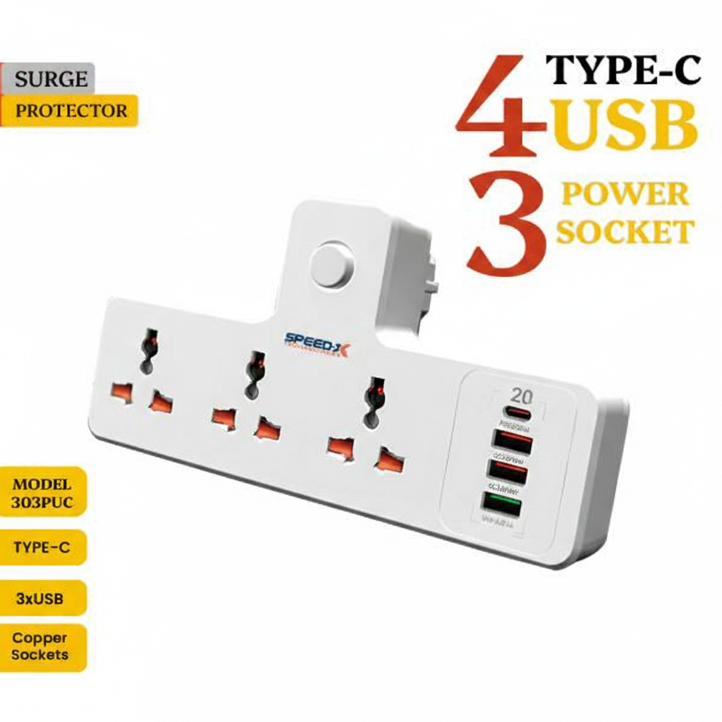 Portable Power Strip 3 Sockets + 3 USB + 1 Type-C