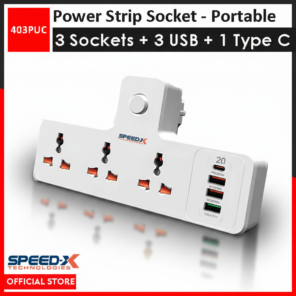 Portable Power Strip 3 Sockets + 3 USB + 1 Type-C