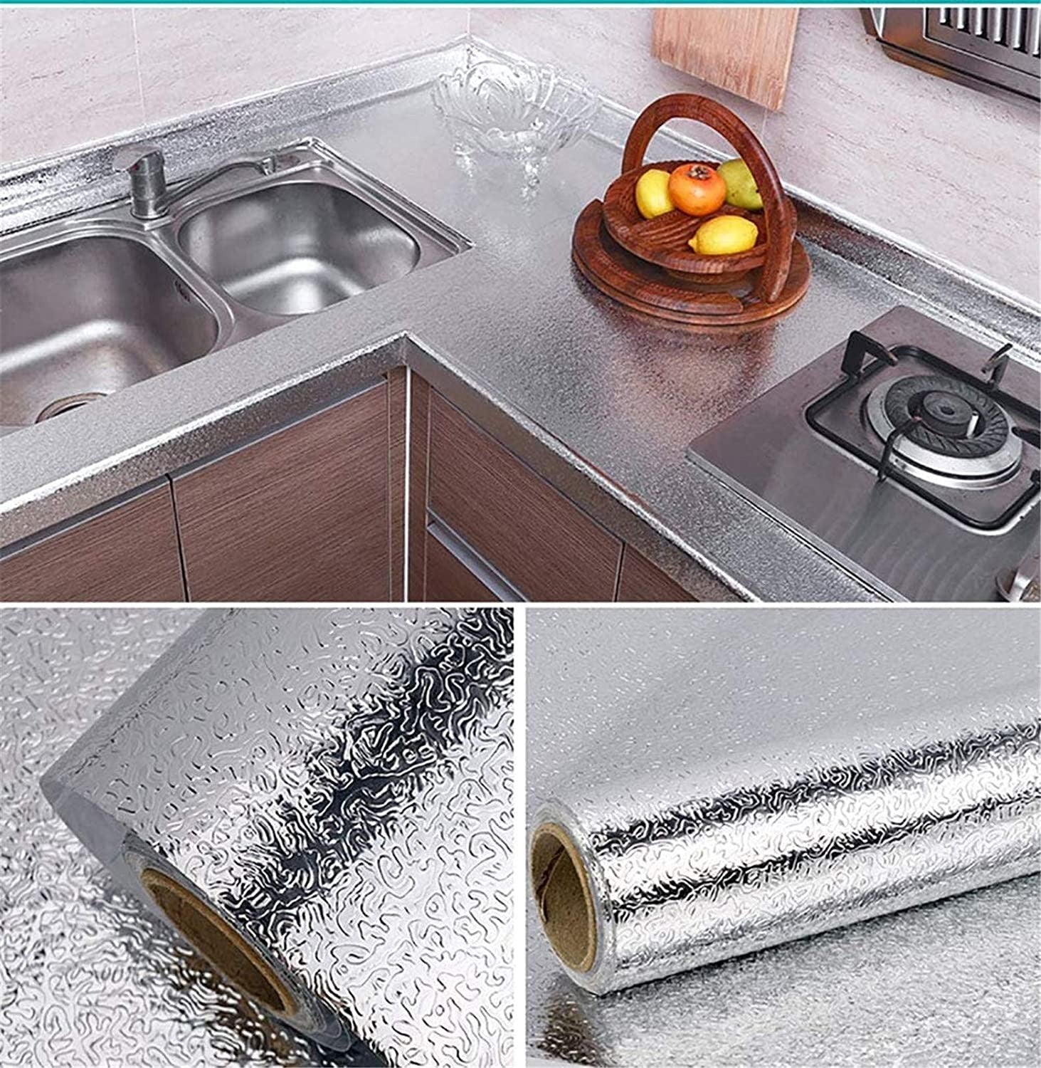 Silver Foil Kitchen Oil Proof Self-Adhesive Wallpaper Roll (60×200cm)