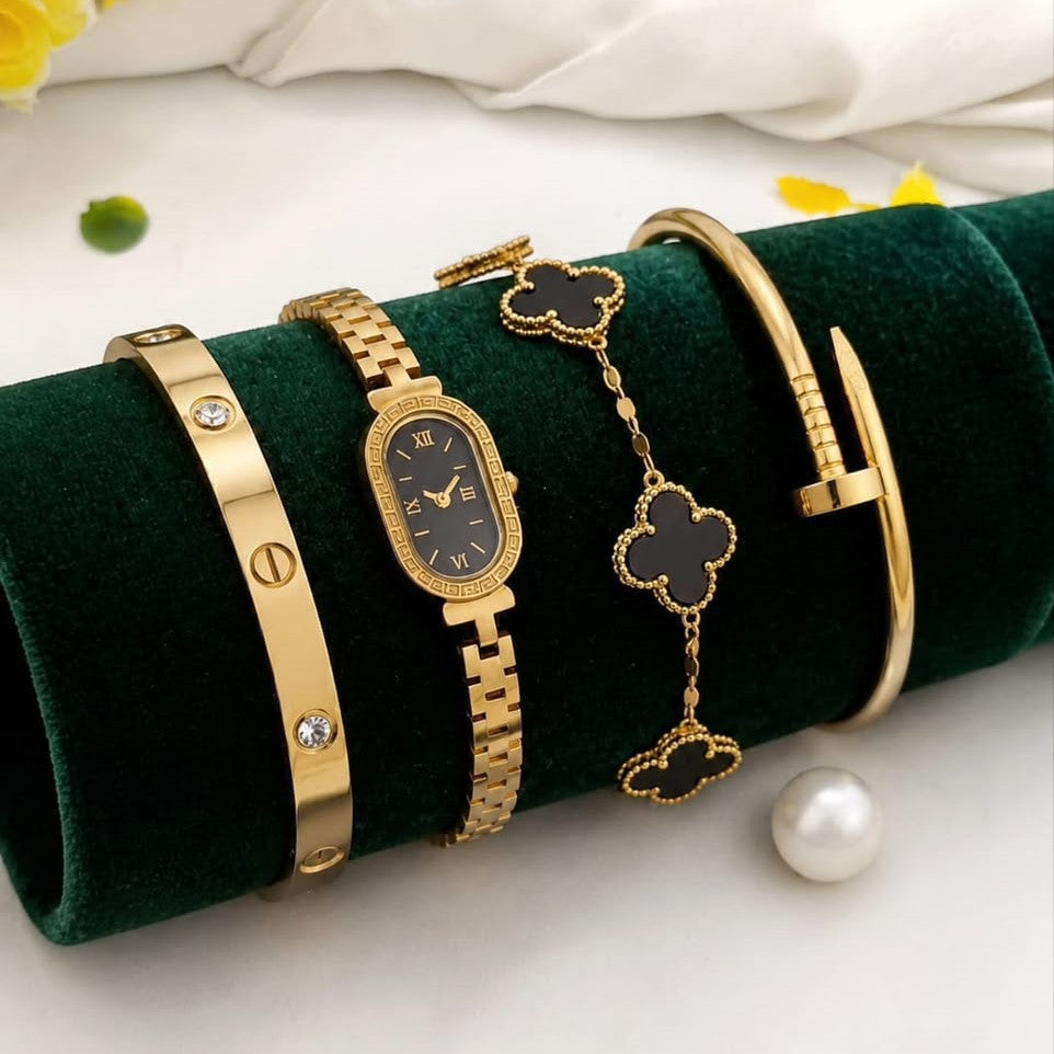 Stainless Steel 4-Piece Bracelet, Watch & Bangle Combo – Stylish Jewelry Set